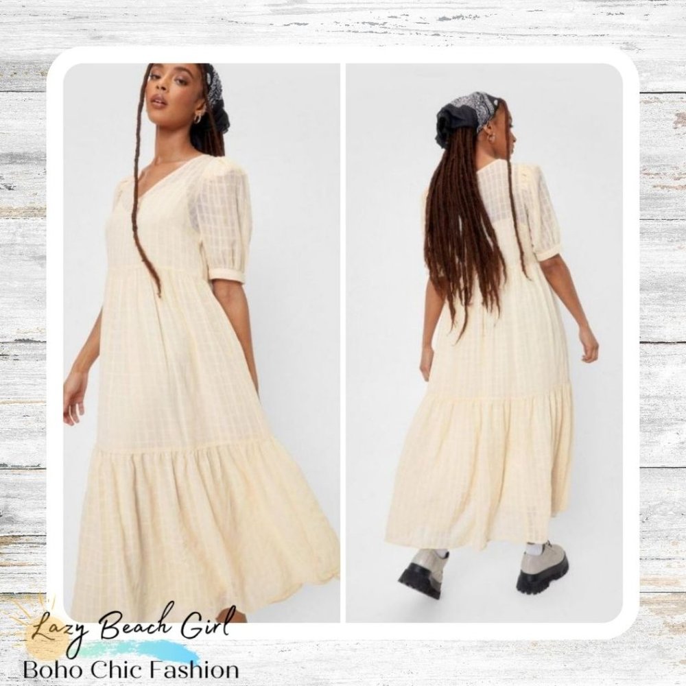 Check Chiffon Puff Sleeve Maxi Dress